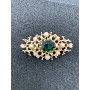 Unknown Maker Vintage Brooch  OS Gold, Green, Cream   Glass Stone, Faux Pearls i